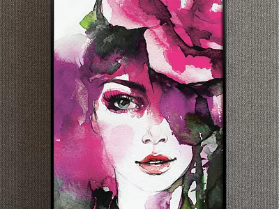 Watercolor Woman Portrait with Floral Headpiece in Pink Purple Hues and Black Frame 3d model