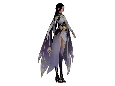 Game Movie Character With Long Black Hair Purple Gold Robe And High Slit Design 3d model