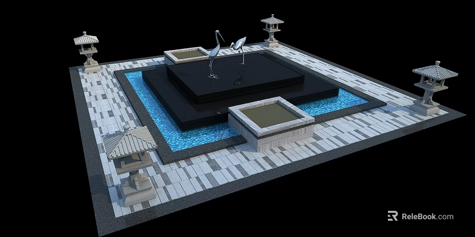 Garden Ornaments With Crane Sculptures Square Water Pool Stone Lanterns And Tiled Ground 3d model 