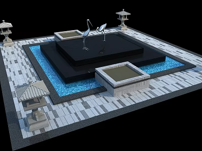 Garden Ornaments With Crane Sculptures Square Water Pool Stone Lanterns And Tiled Ground 3d model