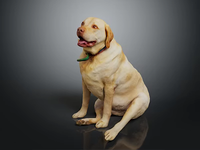 Friendly Yellow Labrador Retriever Sitting Looking Up With Green Collar On Black Background 3d model
