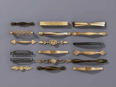 Various Styles Of Decorative Cabinet Handles With Gold Black And Ornate Designs 3d model