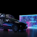 Futuristic Tech Inspired Photo Spot With Neon Lights Black Car Open Doors And Reflective Floor