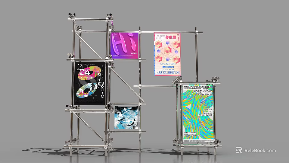 Modern Art Installation With Metal Scaffolding Structure And Colorful Hanging Posters 3d model 