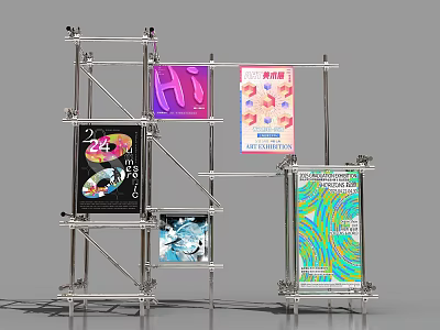 Modern Art Installation With Metal Scaffolding Structure And Colorful Hanging Posters 3d model