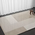 Square Beige and White Patchwork Rug on Dark Floor with White Curtains and Stools