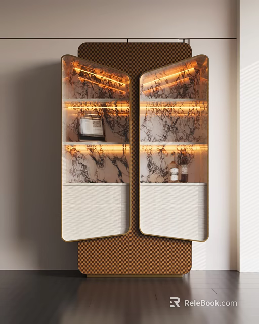 Elegant Modern Wine Cabinet Interior With Marble Panels And Illuminated Shelves 3d model 