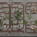Traditional Chinese Antique Wooden Shelves Displaying Tea Sets Decorative Items And Green Plants
