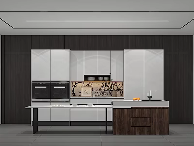 Modern Kitchen With Wooden And White Cabinets Island Drawers Decorative Backsplash And White Countertop 3d model