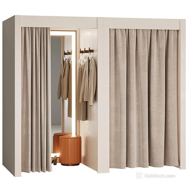 Elegant Clothing Store Interior With Illuminated Mirror Hanging Coats Curtains And Orange Stool 3d model 