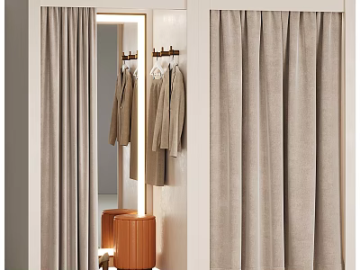 Elegant Clothing Store Interior With Illuminated Mirror Hanging Coats Curtains And Orange Stool 3d model