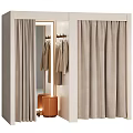 Elegant Clothing Store Interior With Illuminated Mirror Hanging Coats Curtains And Orange Stool