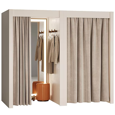 Elegant Clothing Store Interior With Illuminated Mirror Hanging Coats Curtains And Orange Stool 3d model