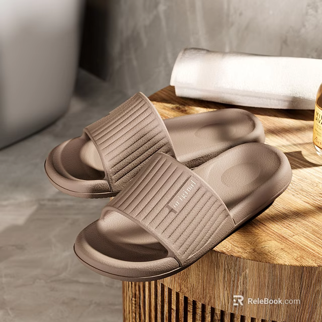 Comfortable Brown Striped Slippers With Soft Cushioned Sole Placed On Wooden Tray For Home Use 3d model 