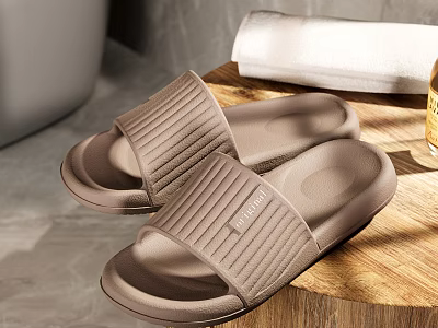 Comfortable Brown Striped Slippers With Soft Cushioned Sole Placed On Wooden Tray For Home Use 3d model