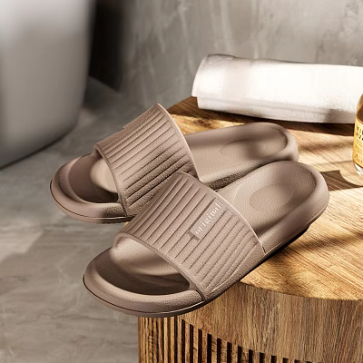 Comfortable Brown Striped Slippers With Soft Cushioned Sole Placed On Wooden Tray For Home Use 3d model