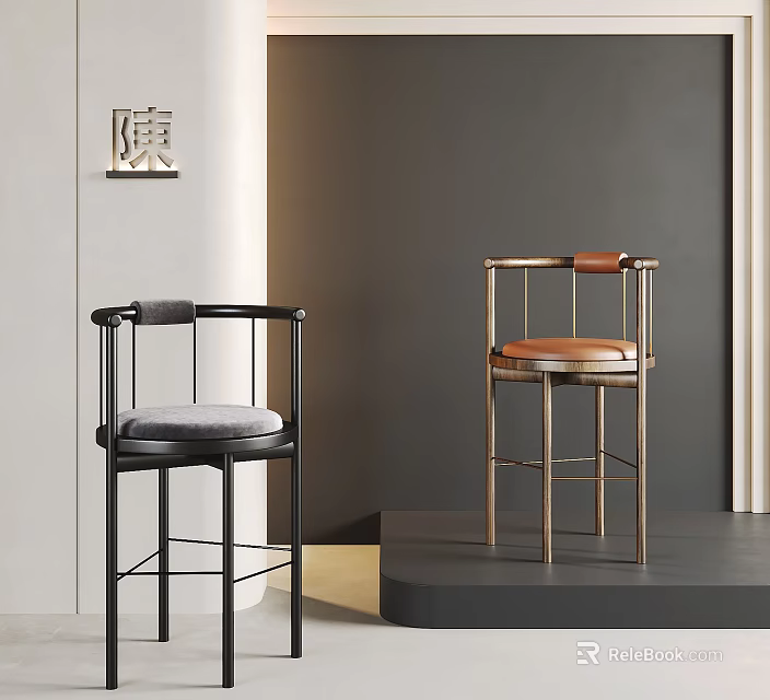 Modern Minimalist Table and Chair Set With Black Gold Frame Gray Cushion Brown Leather Seat 3d model 