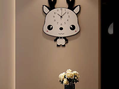 Cartoon Deer Shaped Wall Clock Hanging On Beige Wall With Flowers 3d model