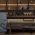 Modern Tea Room Interior Design With Wooden Shelves Marble Countertop And Woven Pendant Light