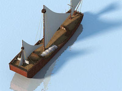 Wooden Boat With White Sails Floating On Calm Water Surface And Reflection 3d model