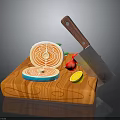 Sliced Salmon on Wooden Cutting Board with Cleaver Knife Small Tomato and Half Lemon