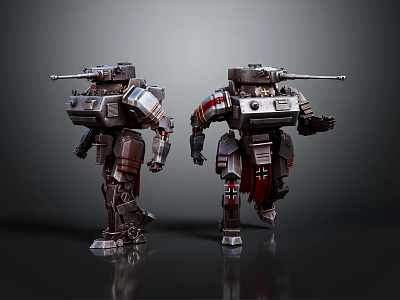 Dual Mechanical Robot Characters With Shoulder Cannons And Red Gray Details 3d model