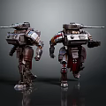 Dual Mechanical Robot Characters With Shoulder Cannons And Red Gray Details