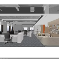 Modern Public Office Space Interior Design With Desks Chairs Sofa And Bookshelves