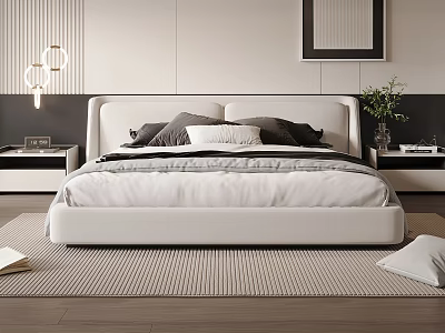 Modern Minimalist Double Bed with Upholstered Headboard Pillows Nightstands and Green Plant in Bedroom 3d model