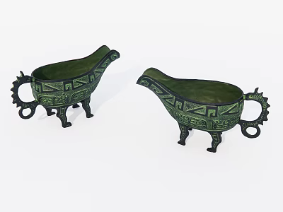 Vintage Bronze Decorative Ornament Set with Green Surface Black Patterns and Three Legged Design 3d model