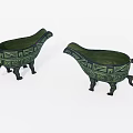 Vintage Bronze Decorative Ornament Set with Green Surface Black Patterns and Three Legged Design