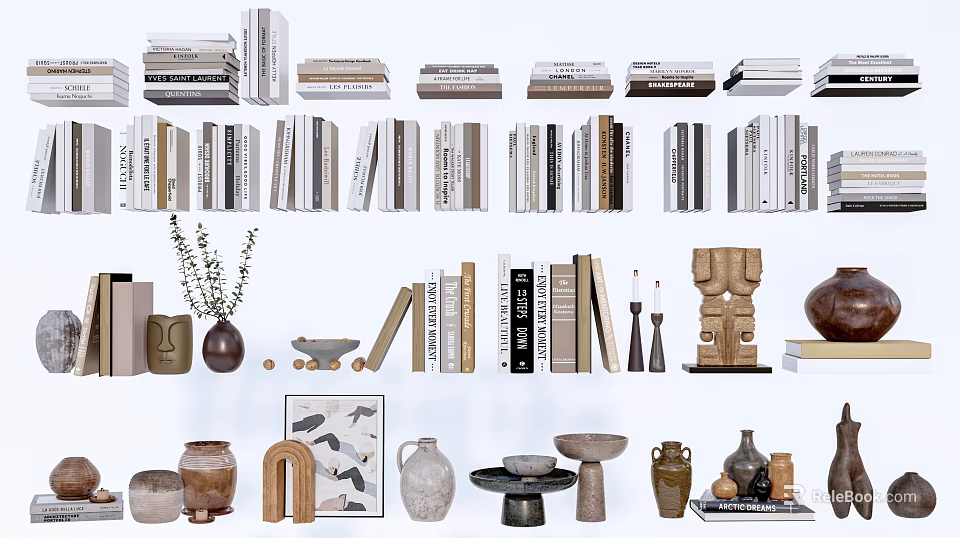 Stylish Books Magazines Shelf Display With Vases Sculptures Frames And Art Pieces 3d model 