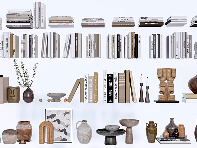 Stylish Books Magazines Shelf Display With Vases Sculptures Frames And Art Pieces 3d model