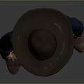Man in blue coat green vest with wide-brimmed hat tie black pants brown boots holster