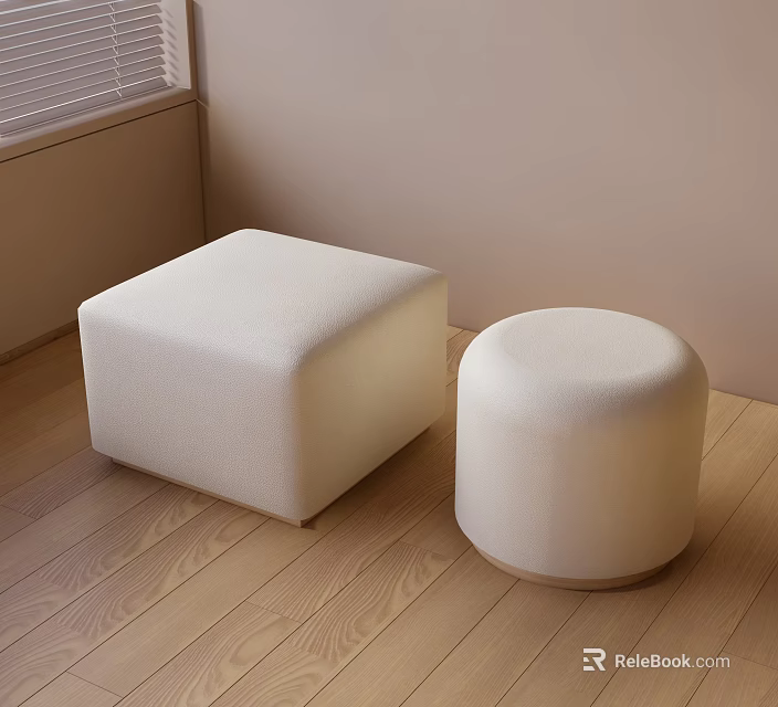 White Square and Round Fabric Ottomans in Modern Living Room with Wooden Floor 3d model 