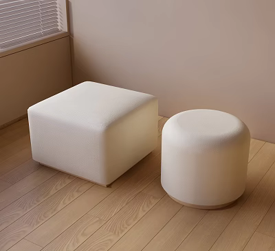 White Square and Round Fabric Ottomans in Modern Living Room with Wooden Floor 3d model