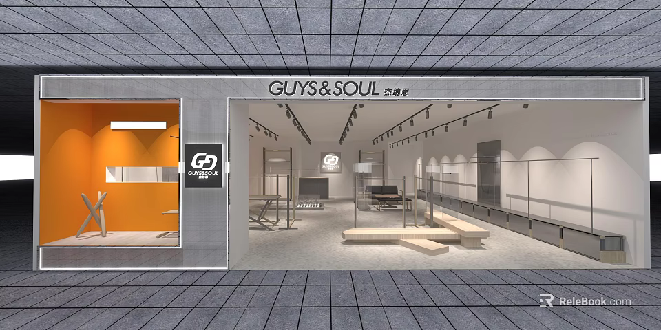 Guys and Soul Men's Clothing Store Modern Open Storefront With Display Racks And Lighting 3d model 