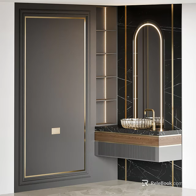 Elegant Modern Washbasin Vanity With Marble Countertop Gold Accents Mirror And Storage Cabinet 3d model 
