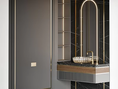Elegant Modern Washbasin Vanity With Marble Countertop Gold Accents Mirror And Storage Cabinet 3d model