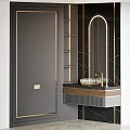 Elegant Modern Washbasin Vanity With Marble Countertop Gold Accents Mirror And Storage Cabinet