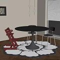 Modern Round Dining Table with Wooden and Metal Chairs on Floral Rug and Pendant Lights
