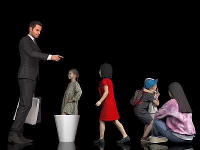 Man In Suit Pointing Leading Group Of Children With Woman Crouching 3d model