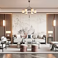 Chinese Style Living Room Interior With Mountain Water Backdrop Chandelier Sofa And Coffee Table