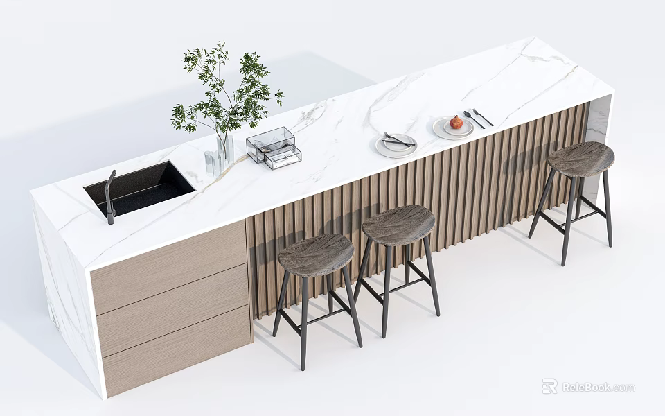 Elegant Bar Counter With White Marble Top Wooden Slats Sink Green Plant And Bar Stools 3d model 