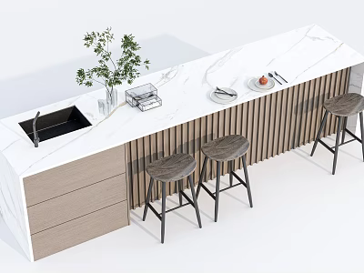 Elegant Bar Counter With White Marble Top Wooden Slats Sink Green Plant And Bar Stools 3d model