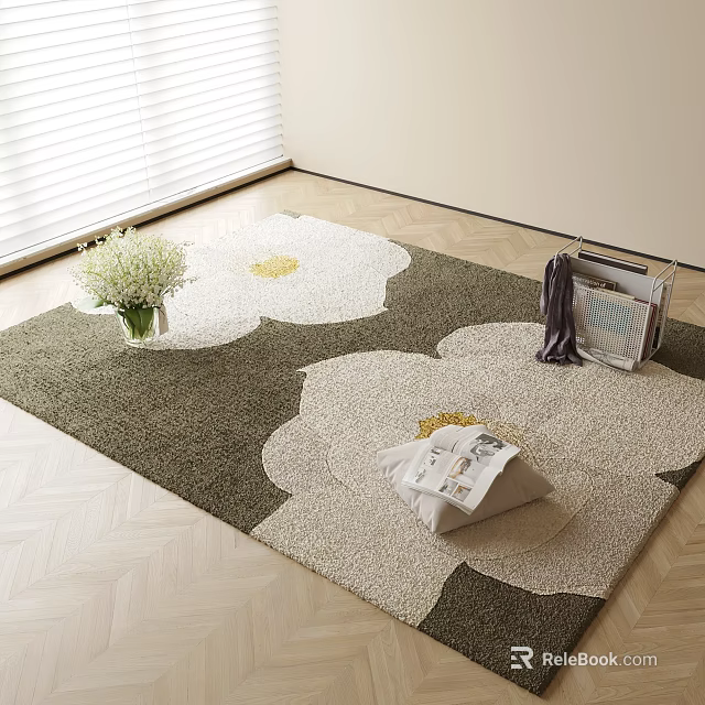 Square Green Beige Floral Area Rug With White Flower Vase Magazines On Wooden Floor 3d model 