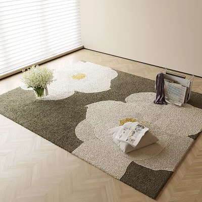 Square Green Beige Floral Area Rug With White Flower Vase Magazines On Wooden Floor 3d model