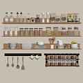 Organized Kitchen Storage Shelves With Jars Bottles Plates Spices And Utensils