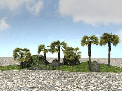 Tall Palm Trees Surrounded By Rocks Green Grass Under Blue Sky With White Clouds 3d model