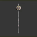 Ornate Long Shaft Weapon Featuring Intricate Decorative Head And Colorful Accents
